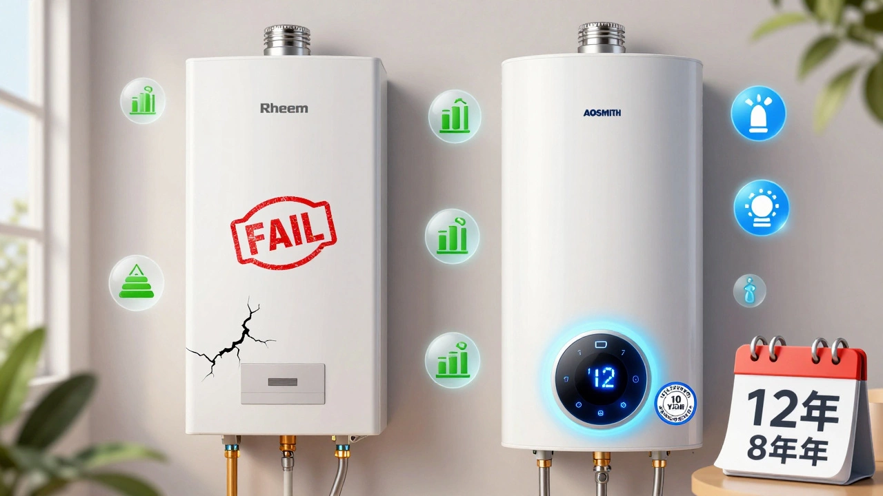 Two water heaters side by side showing failure vs longevity, with energy savings icons and warranty badges.