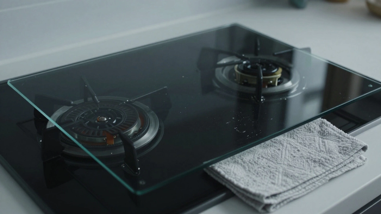 A ceramic glass cooktop lifted on a cloth to reveal internal heating elements