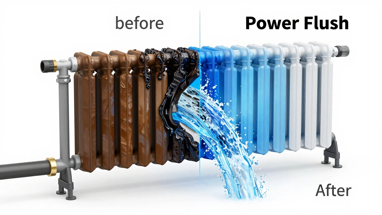 A conceptual 3D render showing a radiator being cleared of sludge during a power flush.