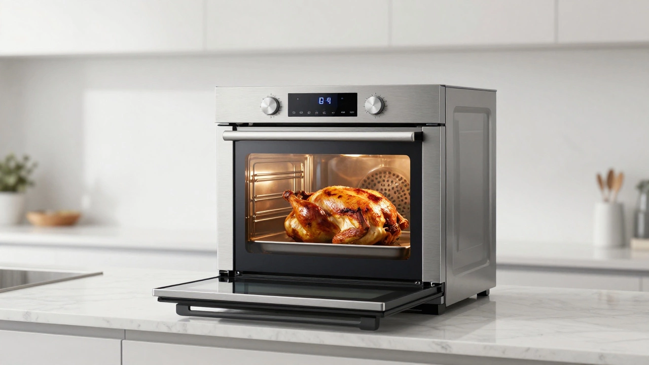 A modern stainless steel convection oven roasting a chicken