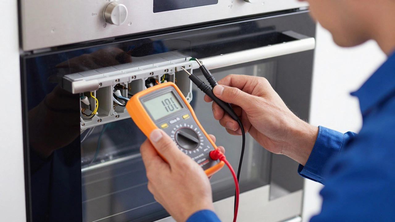 A professional electrician using a multimeter to test wiring for an oven installation.