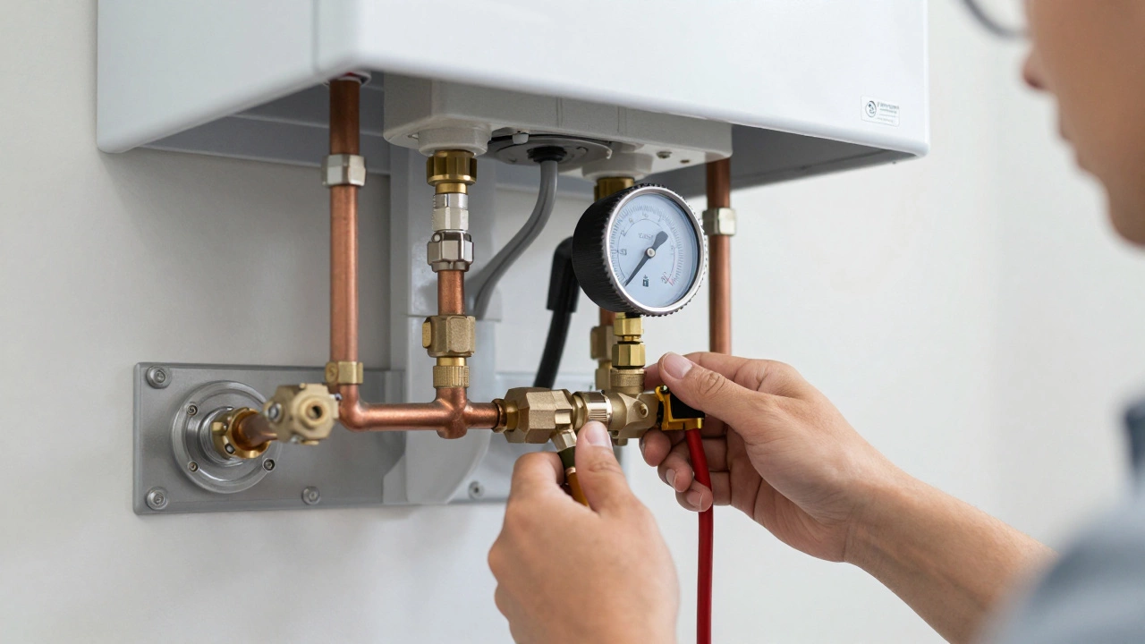 A professional engineer checking the gas pressure of a boiler with a digital tool.