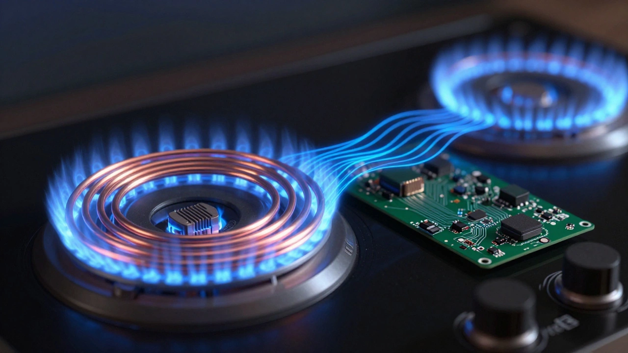 Close-up of a copper induction coil and circuit board with blue energy glow
