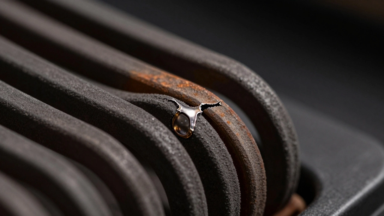 Close-up of a damaged electric oven heating element with a burnt spot