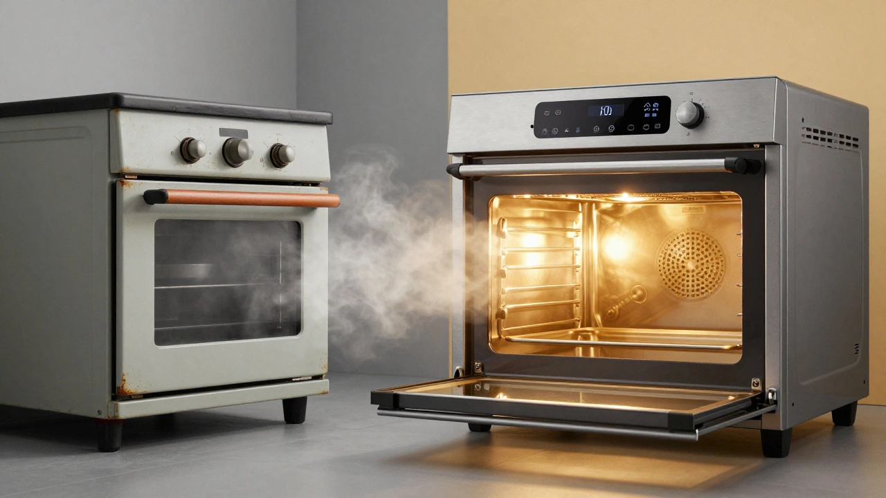 Comparison between an old, inefficient oven and a modern, energy-efficient model