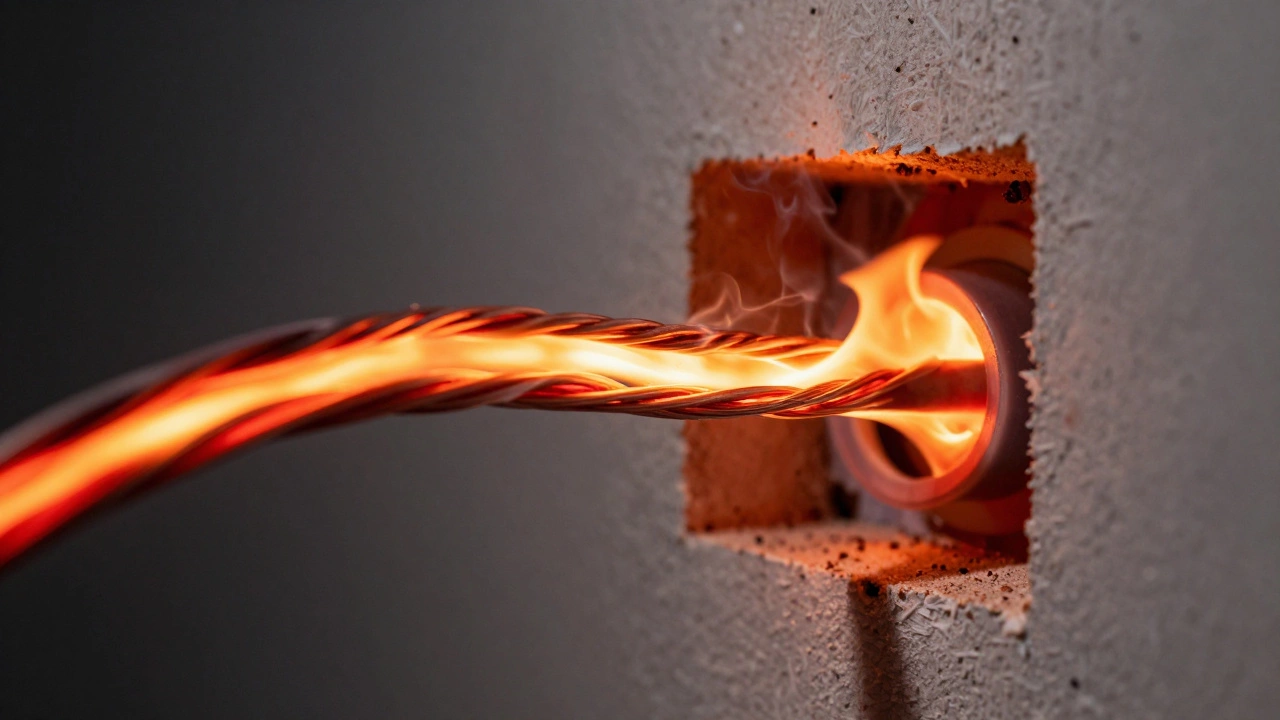 Conceptual image of overheating electrical wires glowing red inside a wall.
