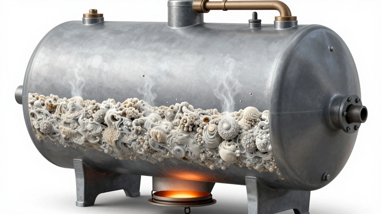 Cross-section of a water heater tank showing mineral sediment buildup at the bottom