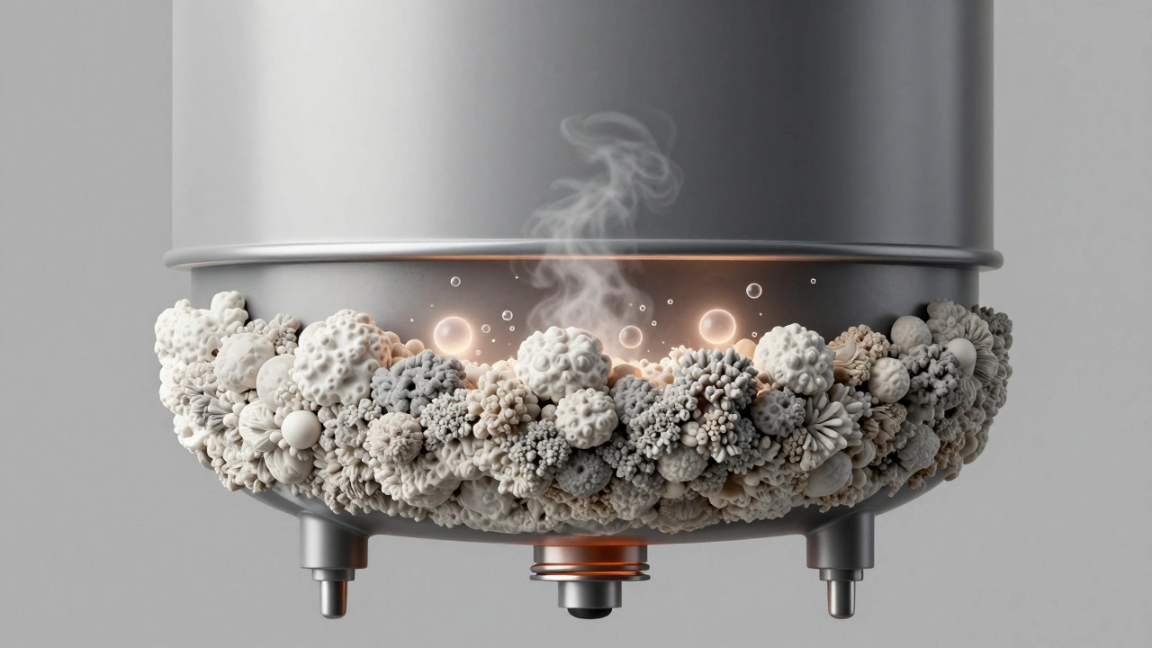 Cross-section of a water heater tank showing mineral sediment buildup at the bottom