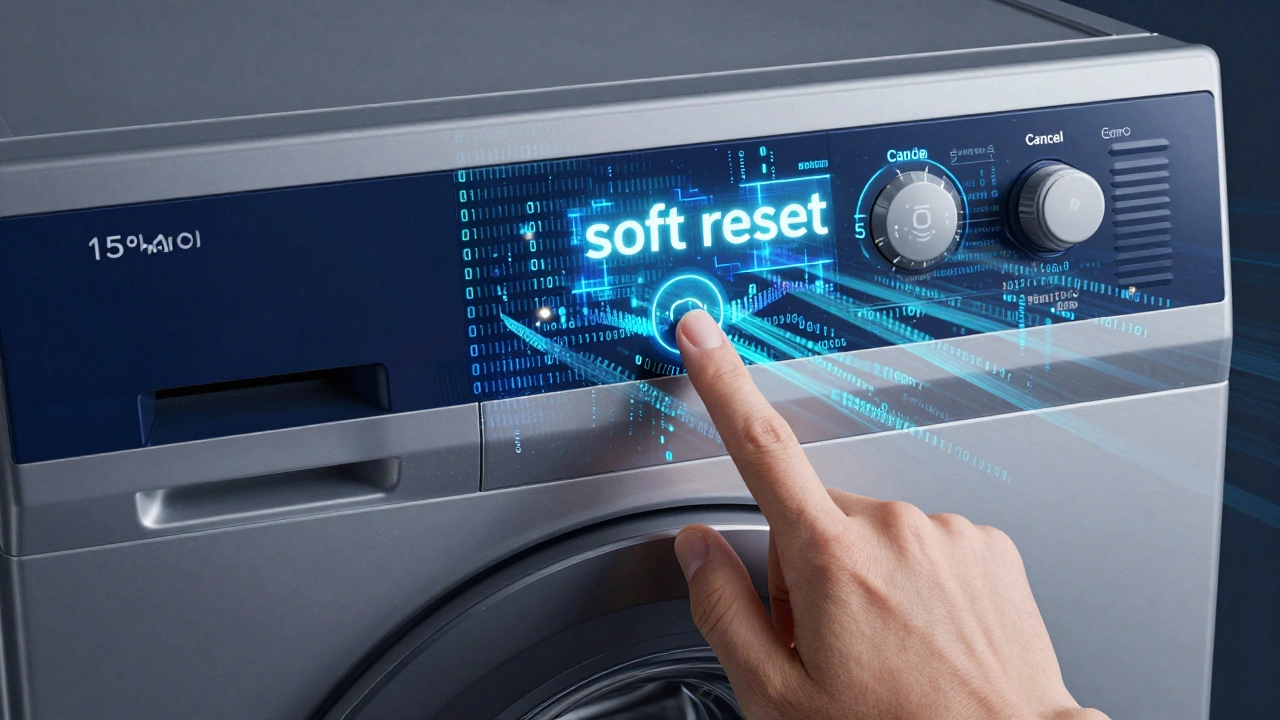 Finger pressing the cancel button on a digital washer panel with data overlays