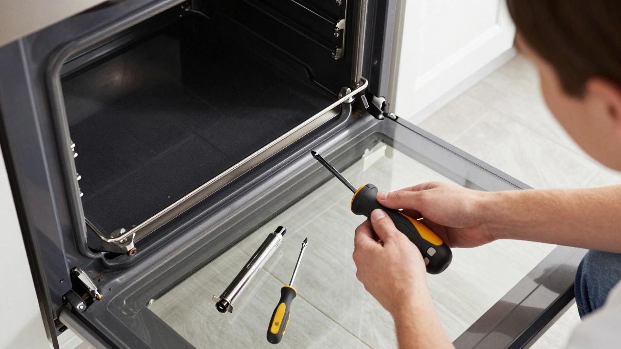 Hands replacing an electric oven heating element with a new part