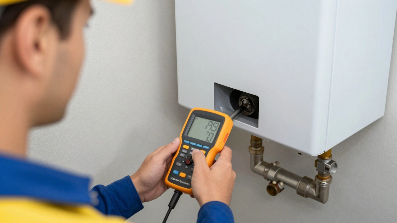 Heating engineer using a digital analyzer to test a boiler flue for safety