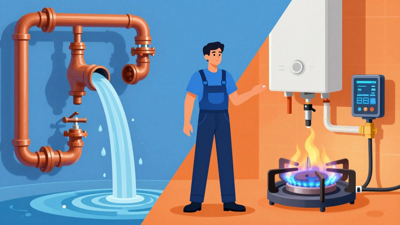 Illustration comparing water plumbing and gas combustion heating systems