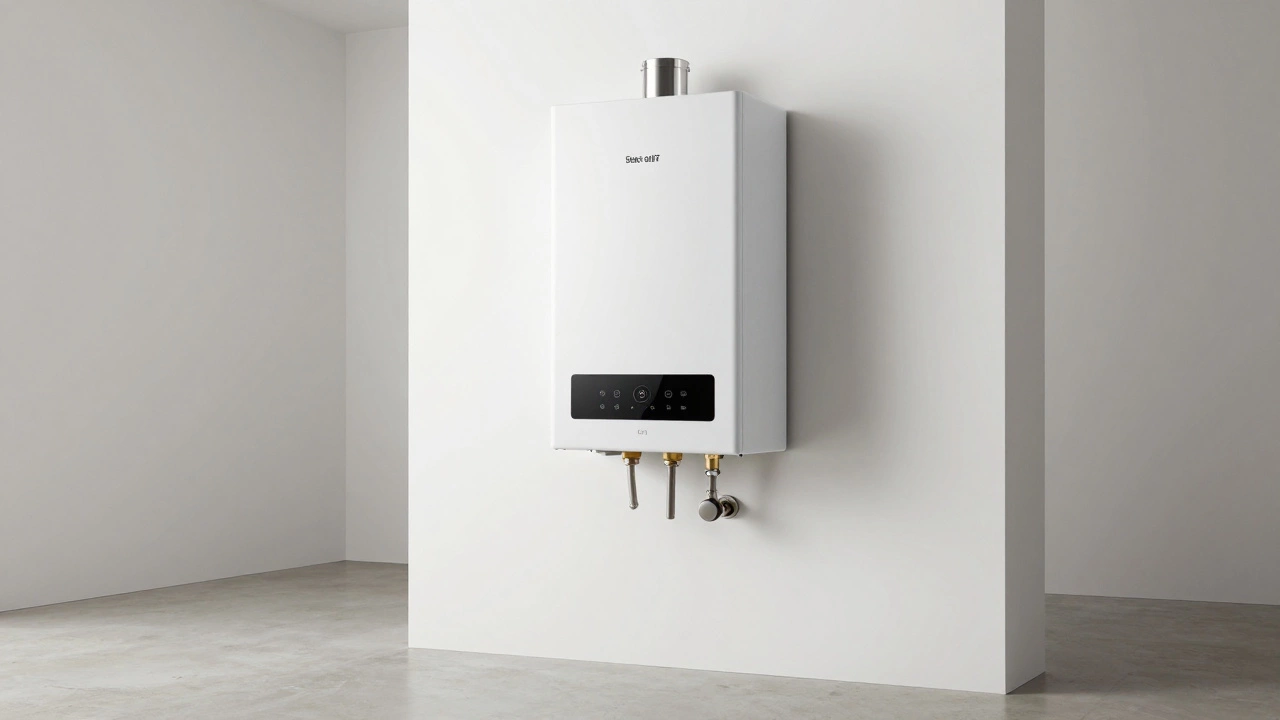 Modern wall-mounted tankless water heater installed in a clean utility room