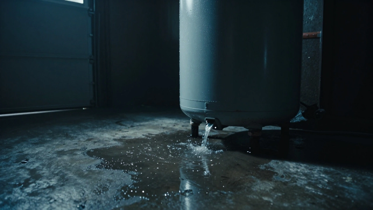 Water pooling on a concrete floor around the base of a leaking water heater