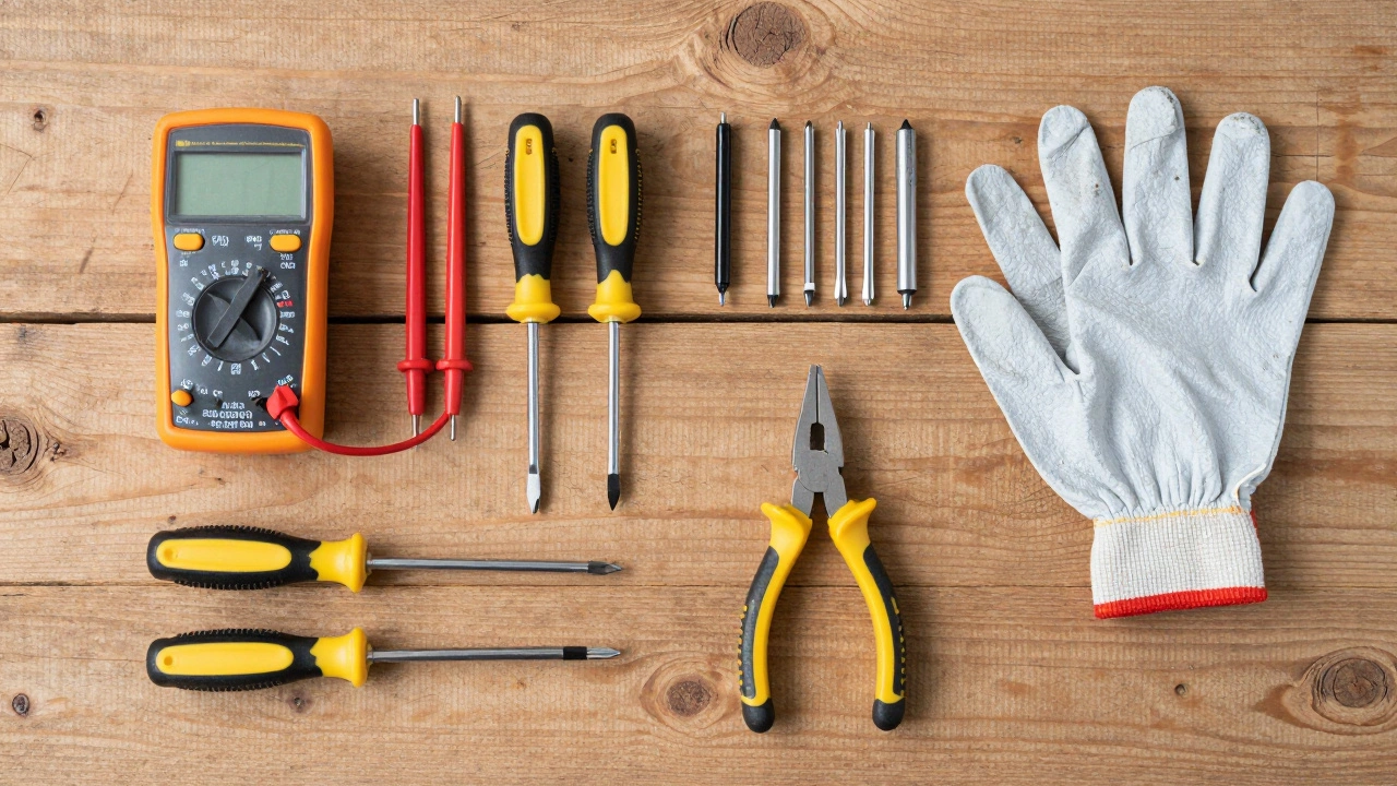 Assorted repair tools including multimeter and screwdrivers on workbench.