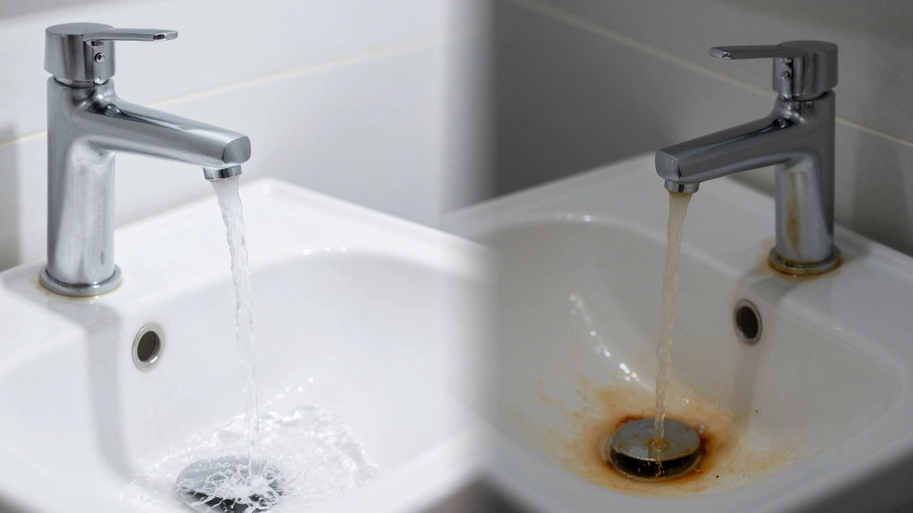 Clear vs rusty water flowing from faucets to show quality difference