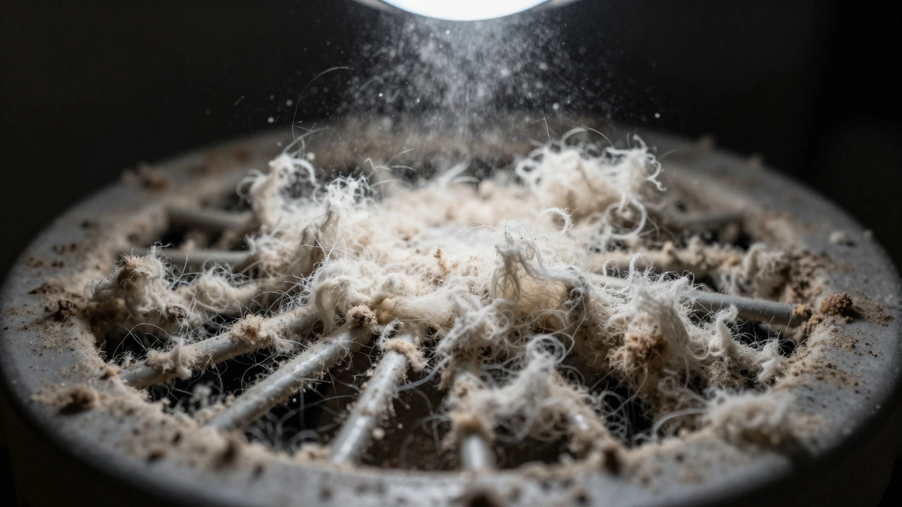 Clogged dryer vent filled with lint showing fire hazard