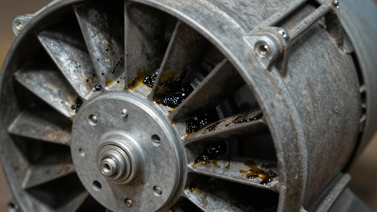 Close-up of greasy extractor fan blades showing wear and tear