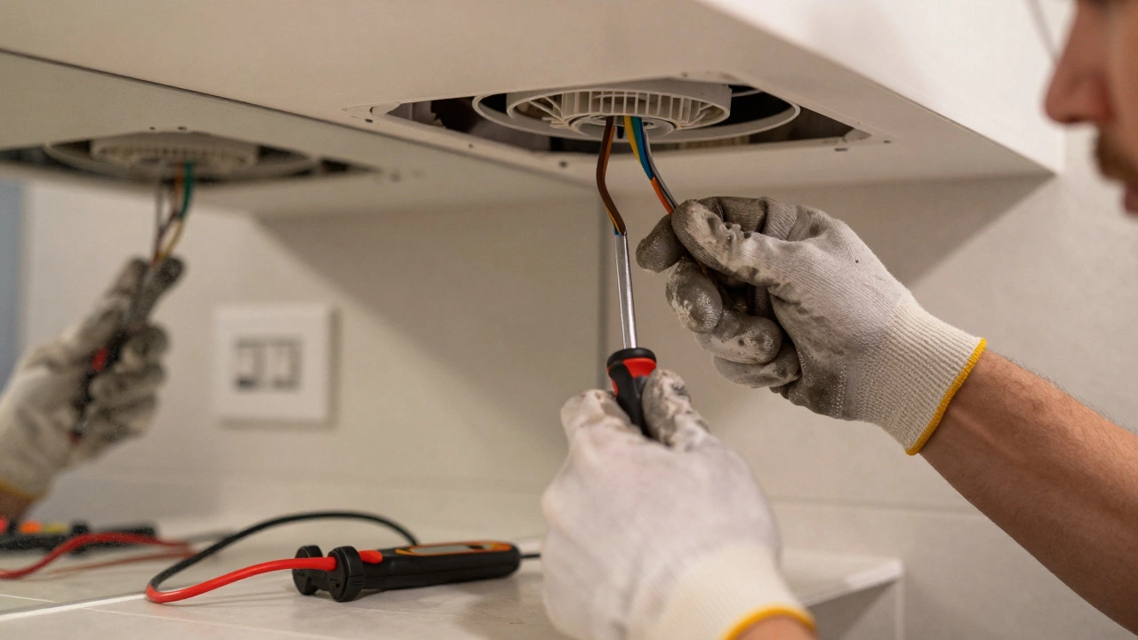 Close-up of hands connecting extractor fan wires safely