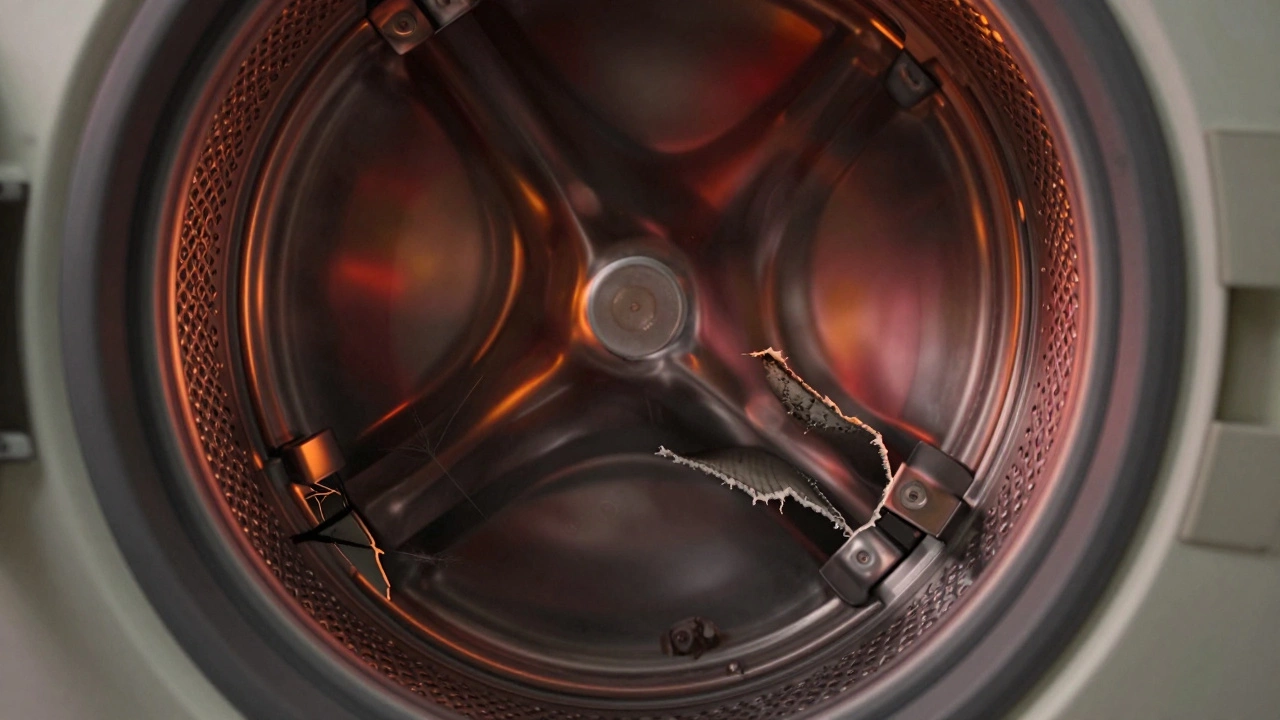 Close-up of worn internal washing machine parts showing damage and corrosion.