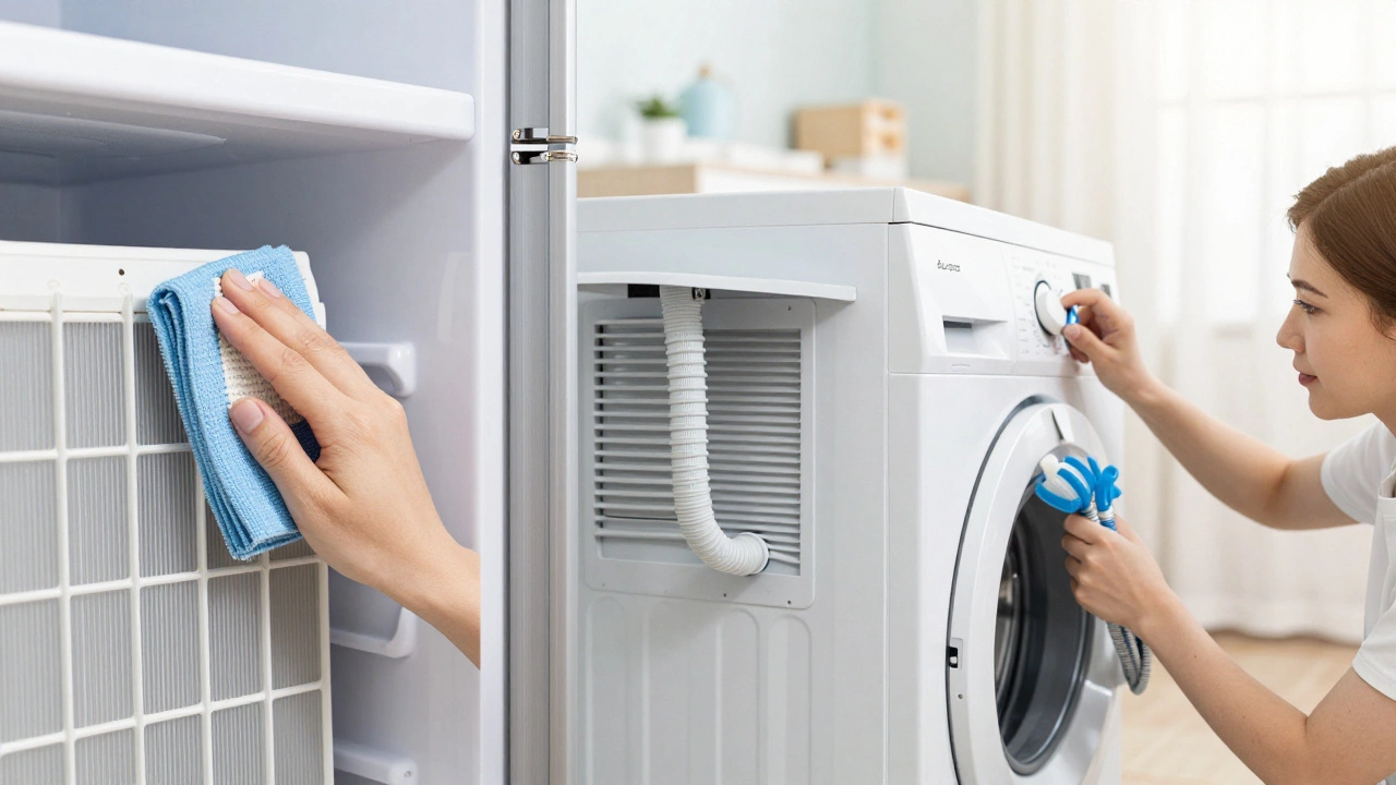 Close-ups of maintaining fridge coils and dryer vents