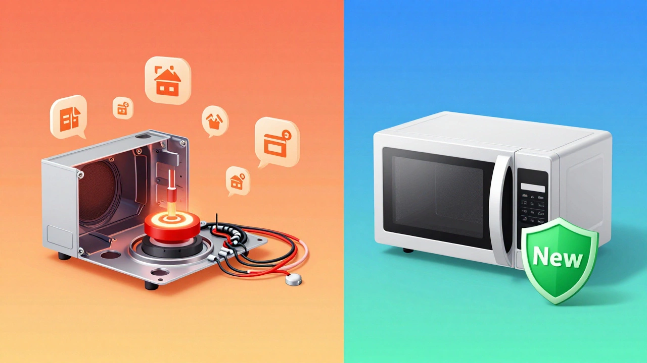 Comparison graphic showing expensive repair parts versus a new microwave unit