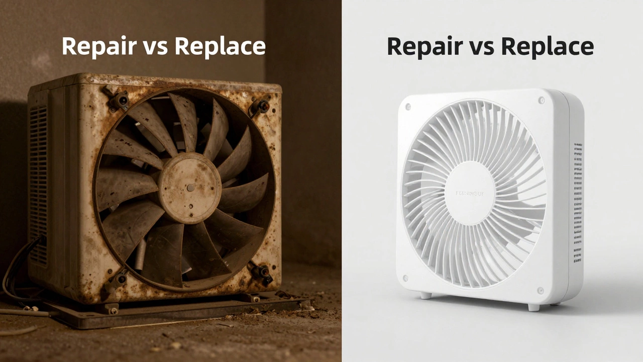 Comparison of old damaged fan versus new energy-efficient model