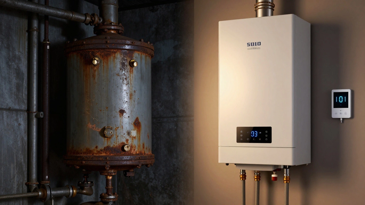 Contrast between an old rusty boiler and a new efficient system