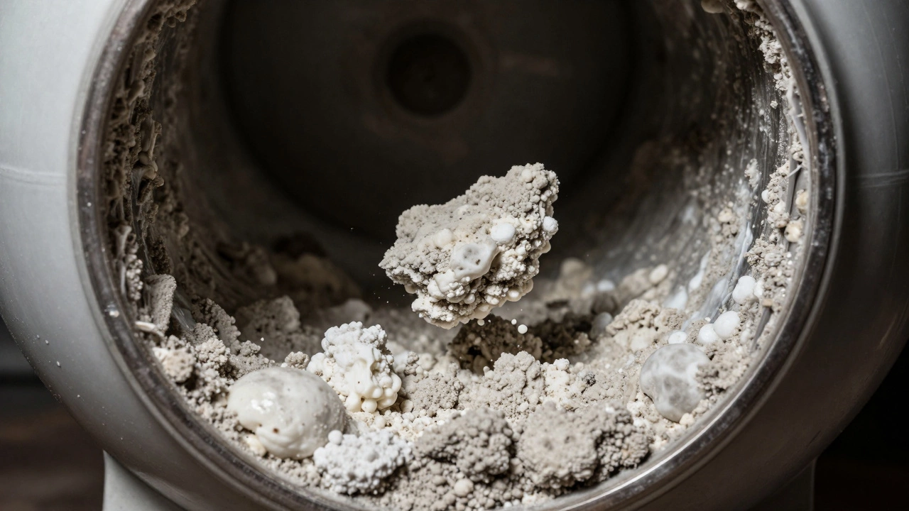 Cross-section showing thick calcium scale buildup inside empty tank
