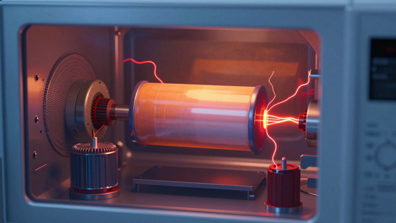 Cross-section view of microwave internals highlighting dangerous capacitor.