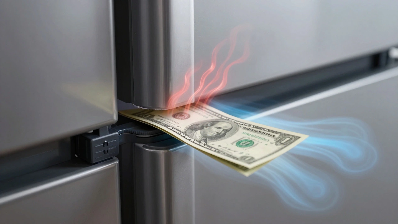 Dollar bill test showing a faulty refrigerator door seal