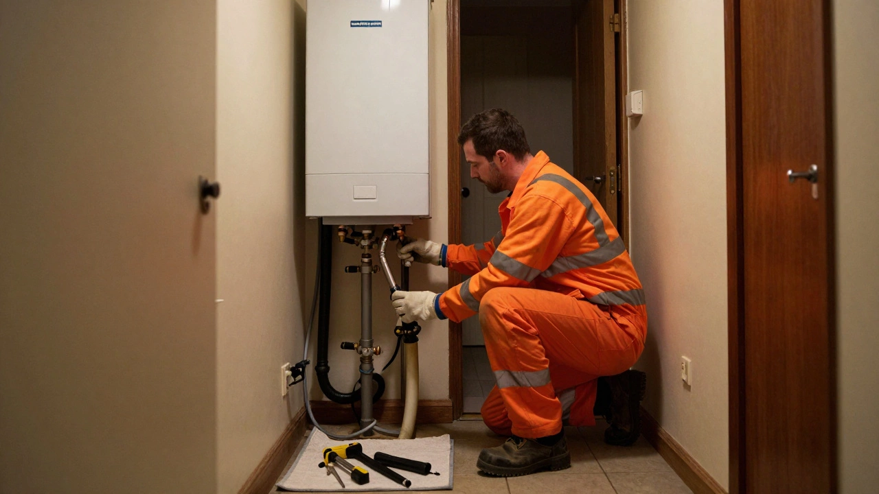 Engineer installing a new boiler with complex piping in a hallway