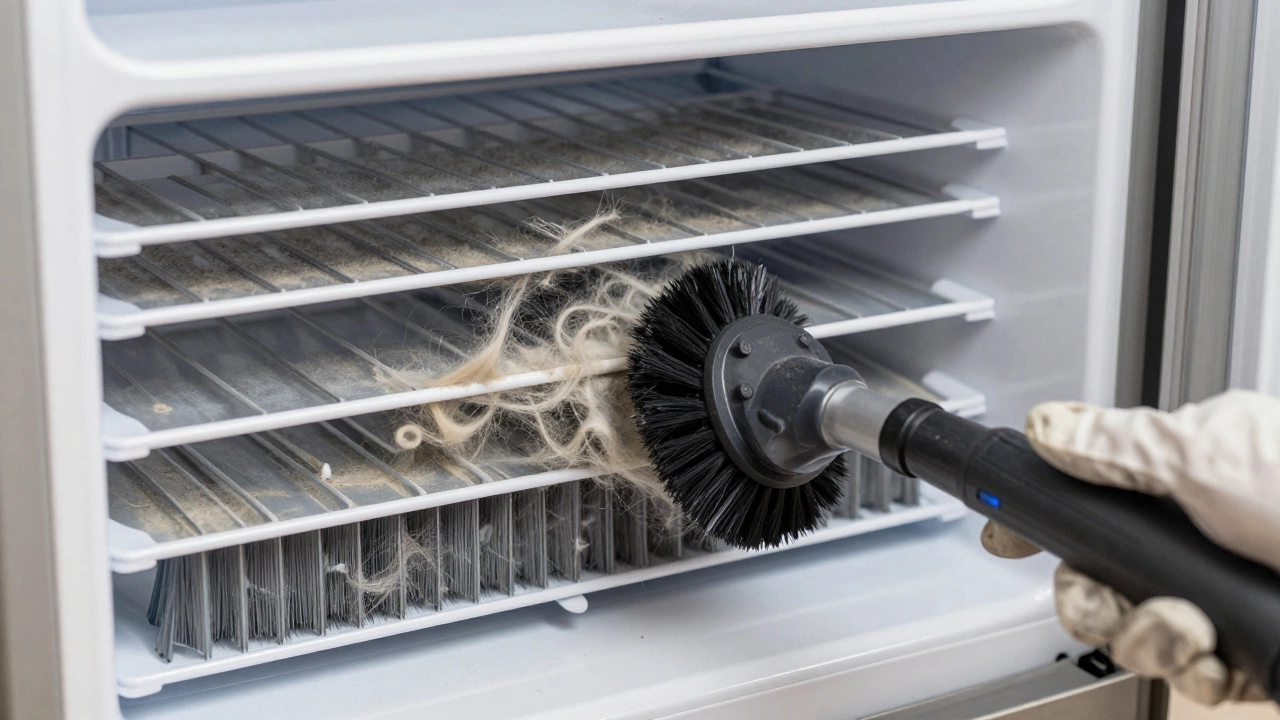 Hand cleaning dusty condenser coils behind a refrigerator