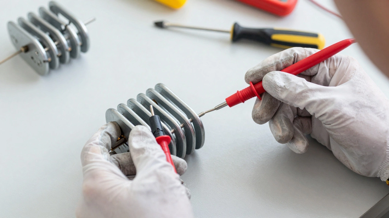 Hands using a multimeter to test an oven heating element