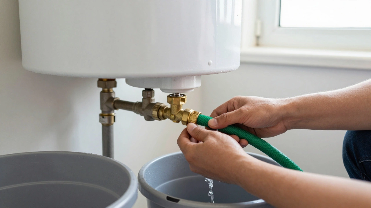 Homeowner connecting hose to water heater drain valve for flushing