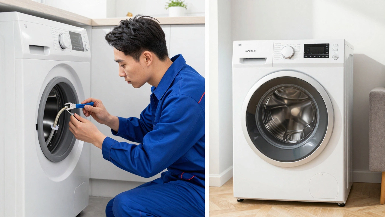 Technician repairing a washer versus a brand-new efficient model side-by-side.