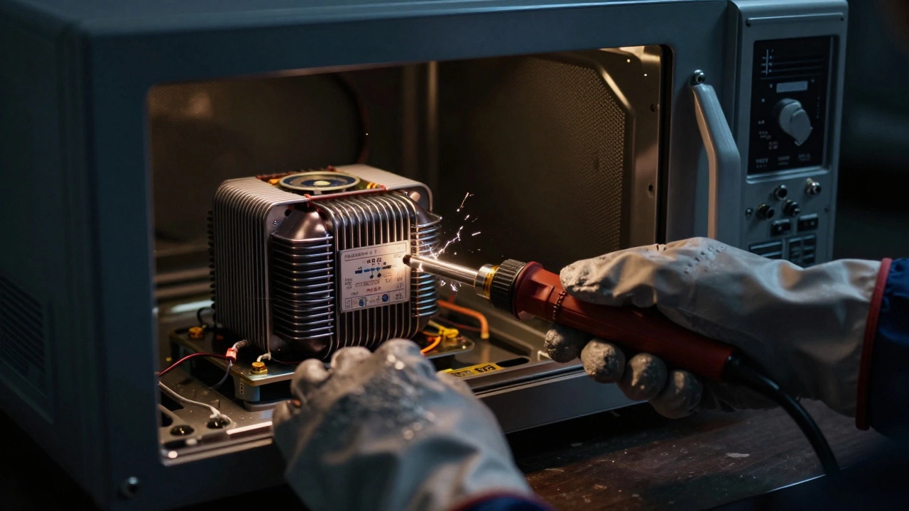 Technician using safety tools on exposed high-voltage microwave components
