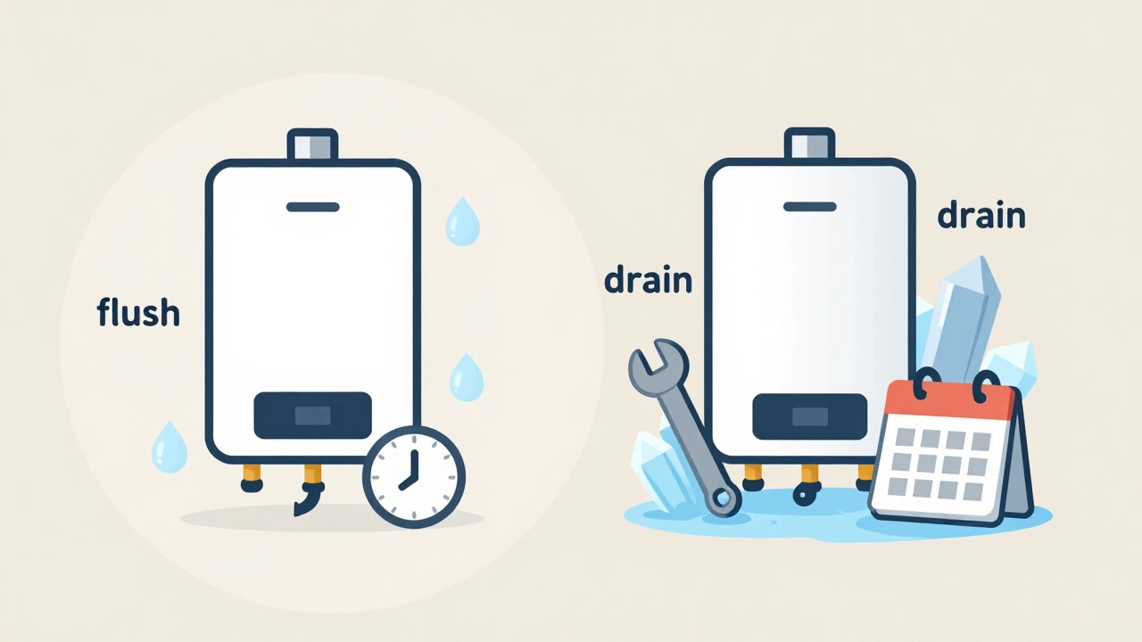 Vector graphic comparing quick flush versus deep drain methods