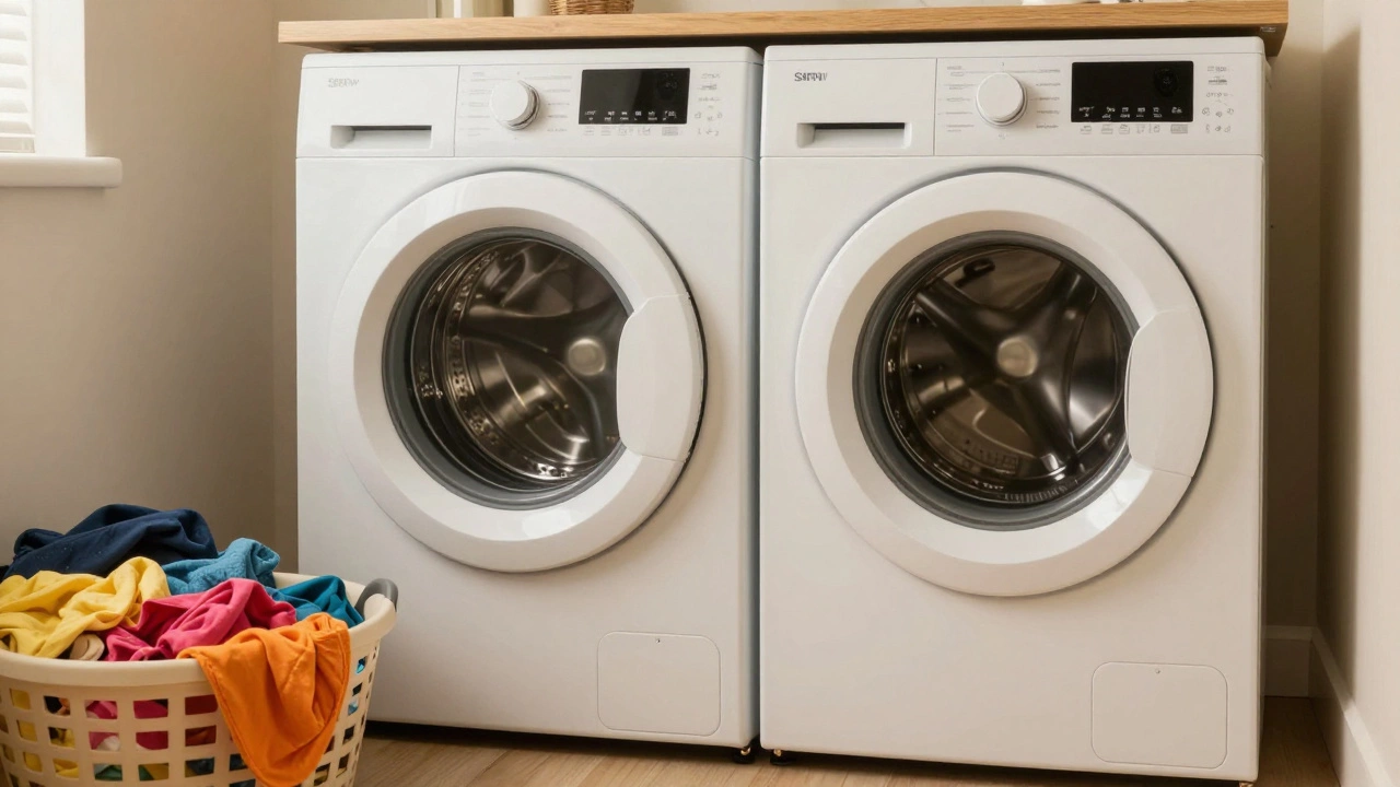 Washing machine and dryer in a bright laundry room