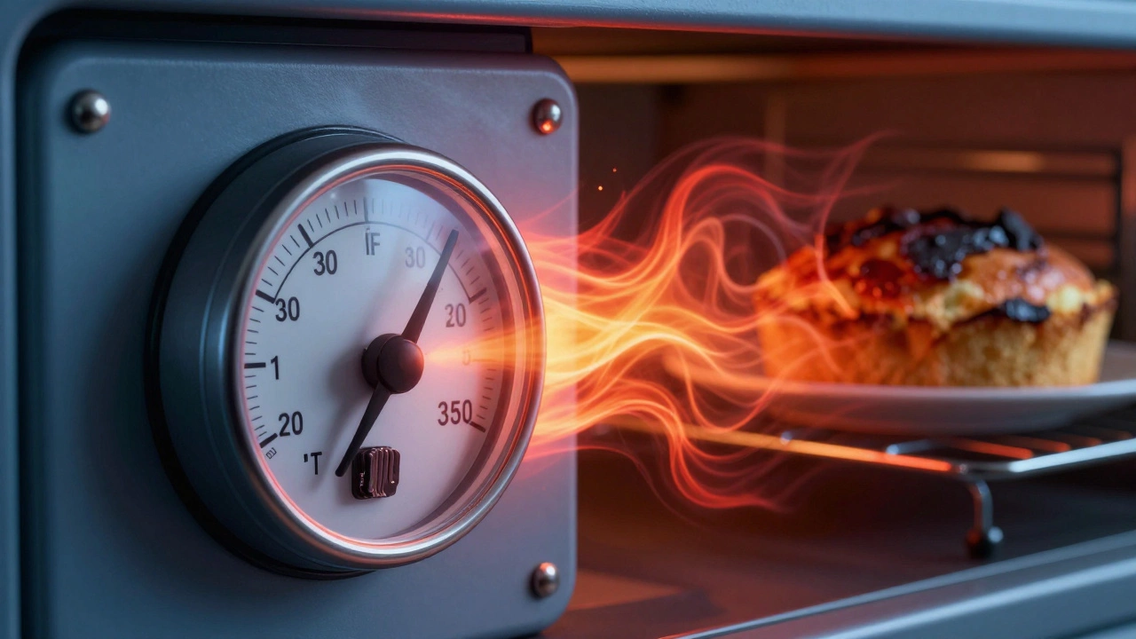 Burnt cake and distorted heat waves illustrating oven thermostat failure