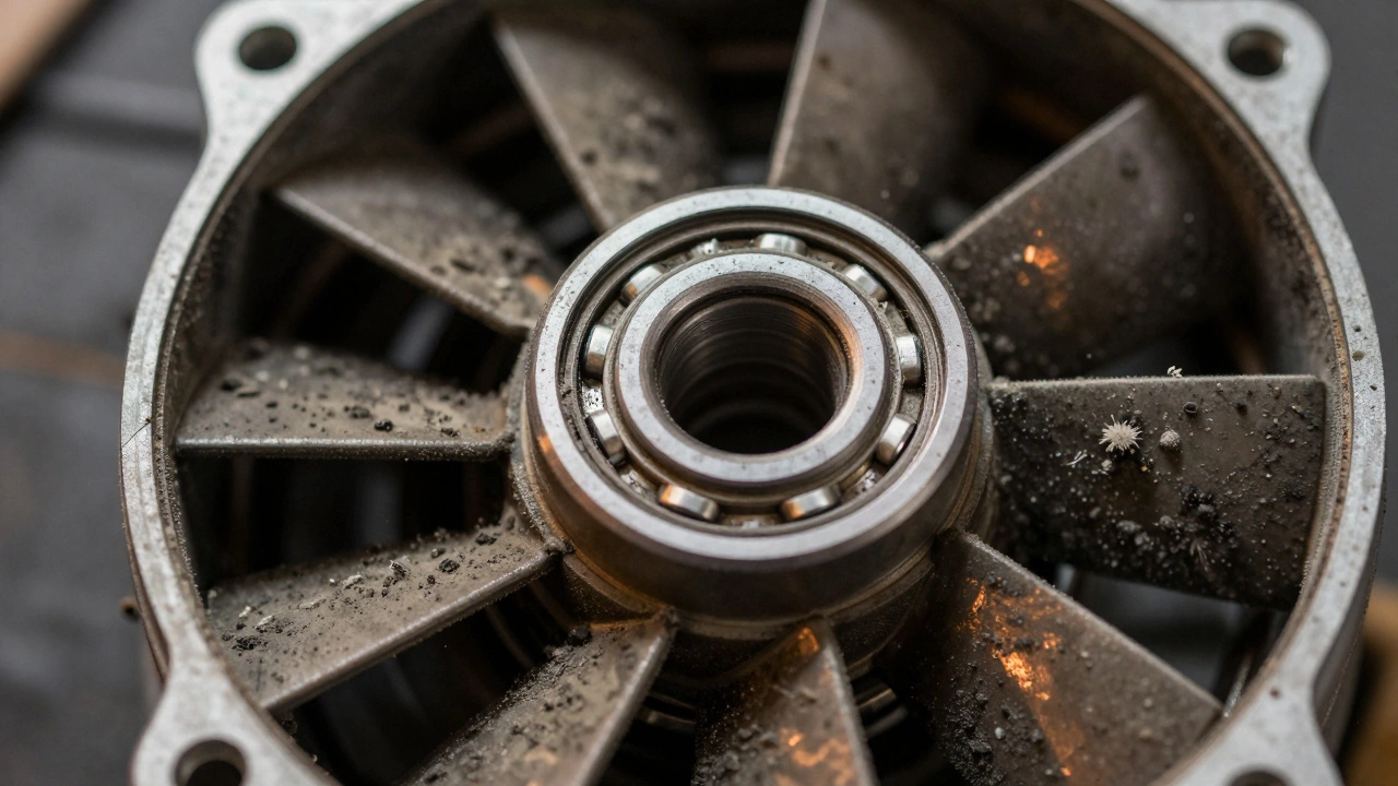 Close up of dusty extractor fan motor bearings