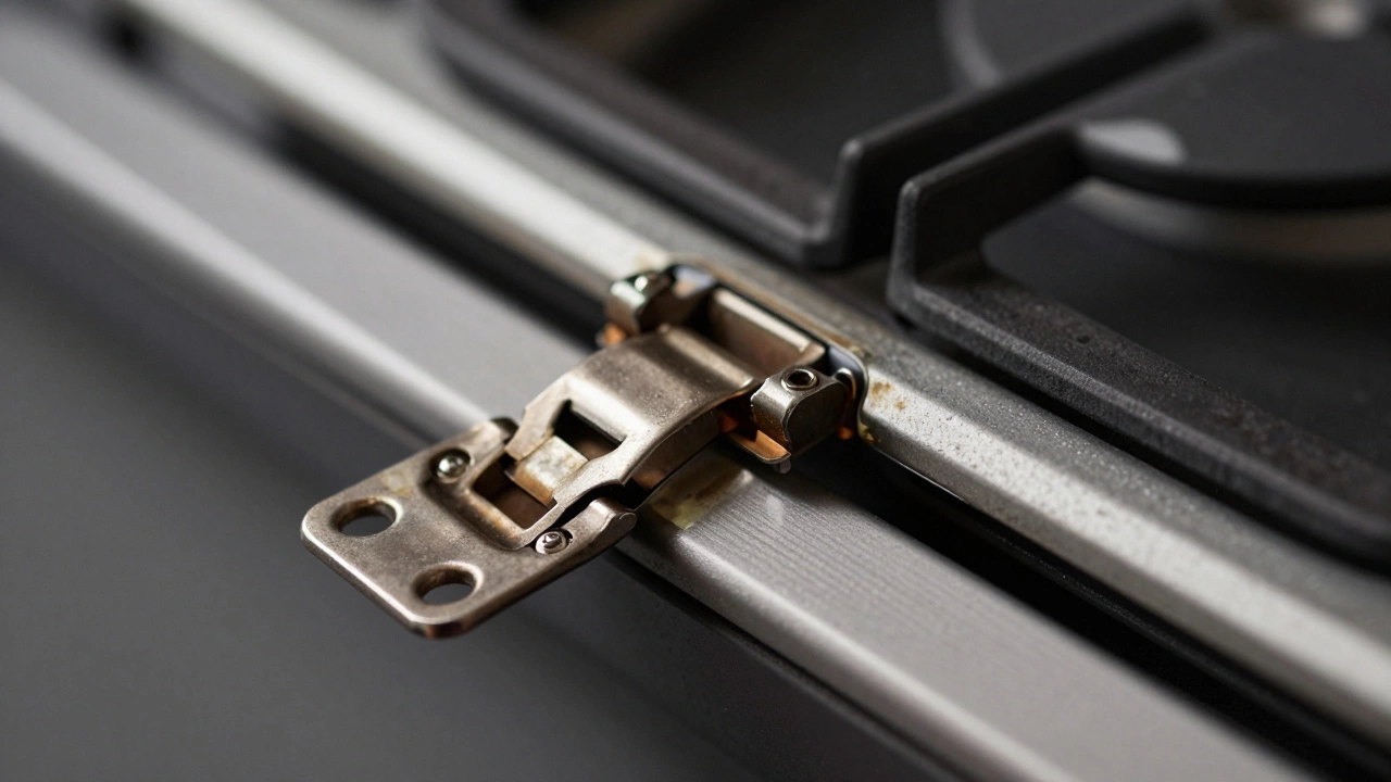 Close-up of worn oven hinges and seals damaged by high-heat self-cleaning cycles.