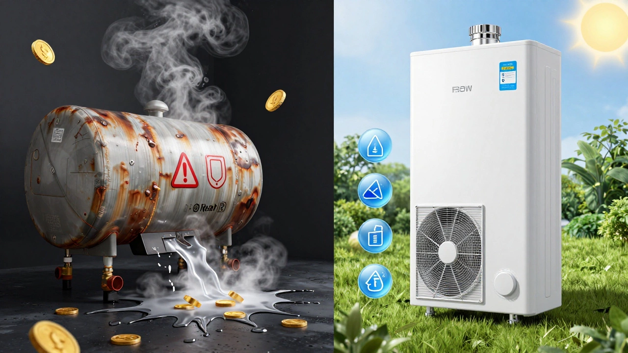 Comparison graphic showing a leaking old tank versus a clean, efficient modern water heater.