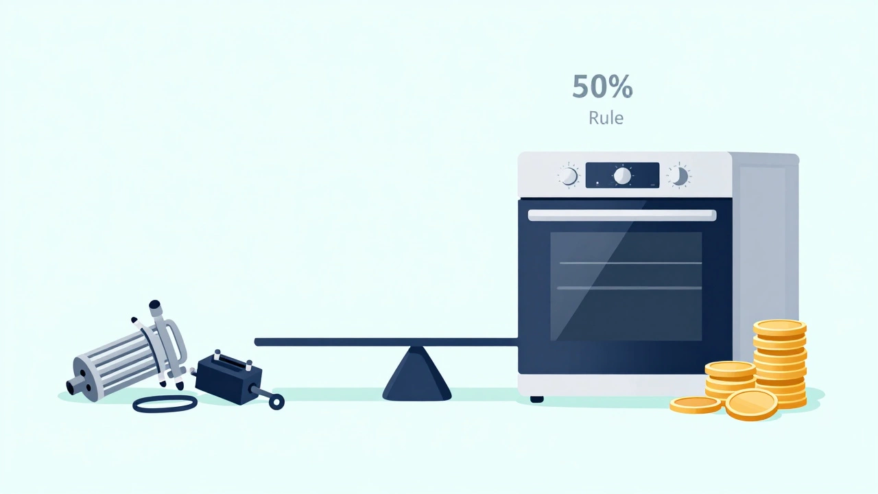 Conceptual graphic comparing repair parts cost versus buying a new oven.