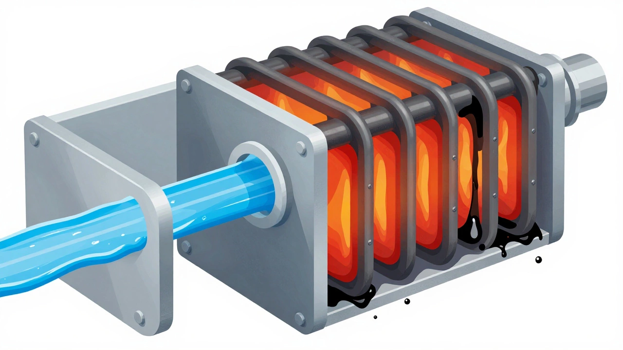 Diagram showing clean vs sludge-clogged boiler heat exchanger.