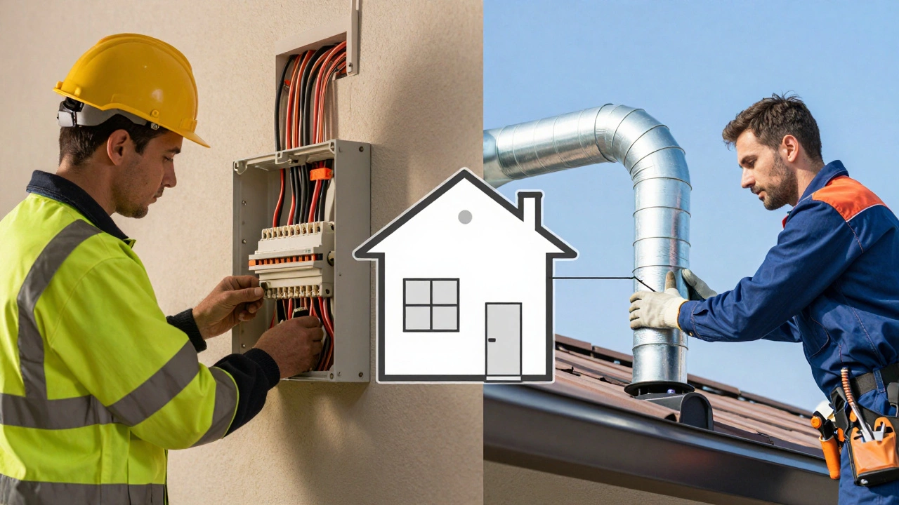 Electrician and plumber working on fan installation