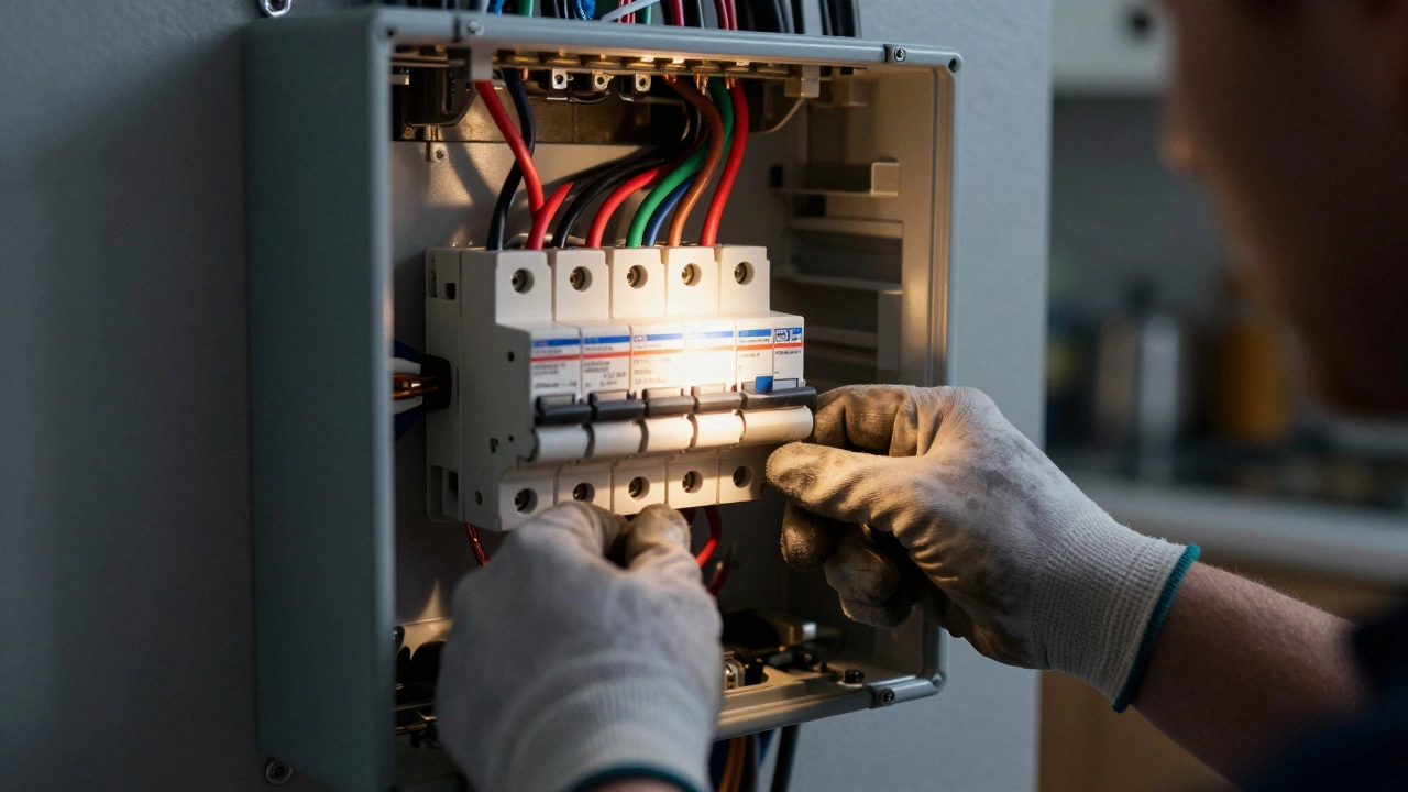 Electrician connecting wires inside an open fuse box with dramatic lighting