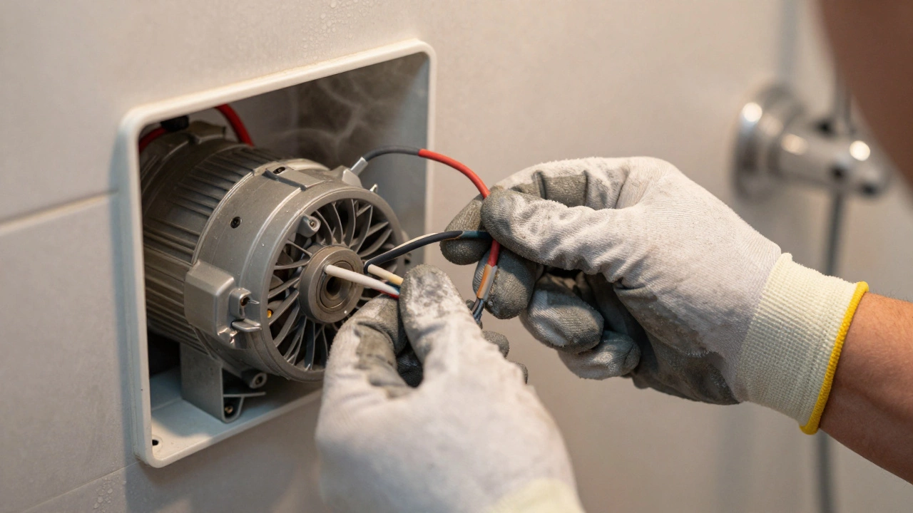 Electrician wiring extractor fan in humid bathroom environment