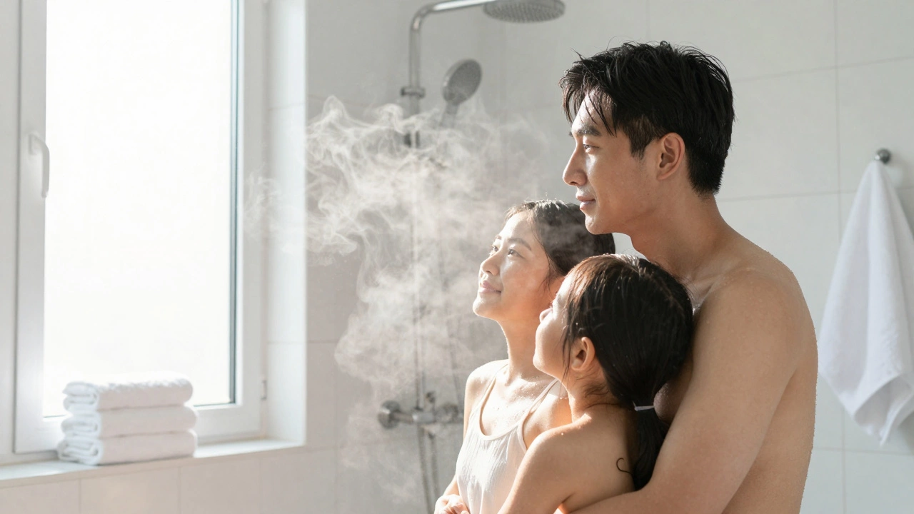 Family enjoying a warm, steamy shower in a bright, modern bathroom.