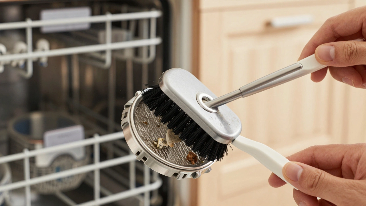 Hand cleaning a dishwasher filter to maintain performance